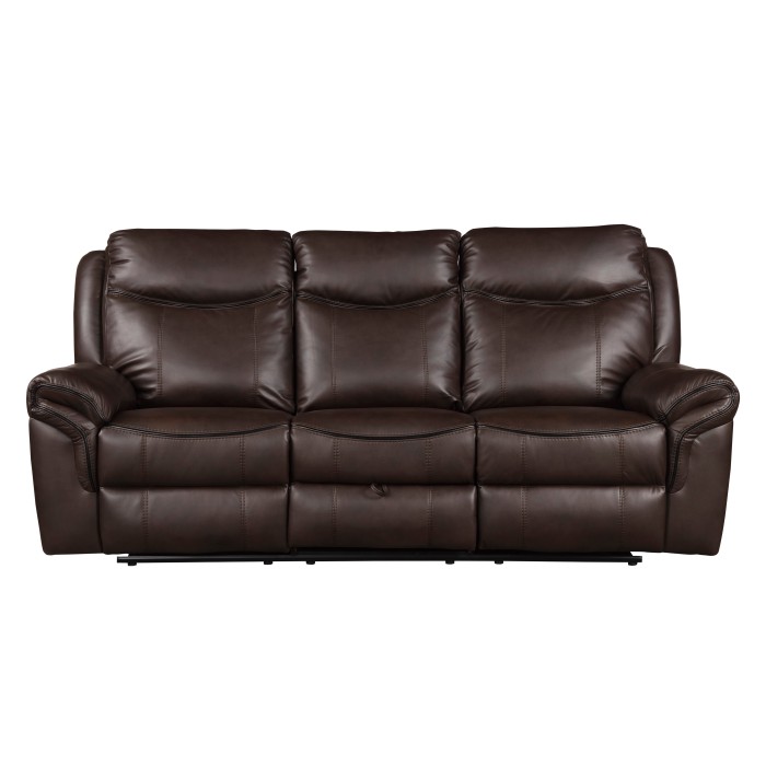 ARAM Double Reclining Sofa with Center Drop-Down Cup Holders Dark Brown