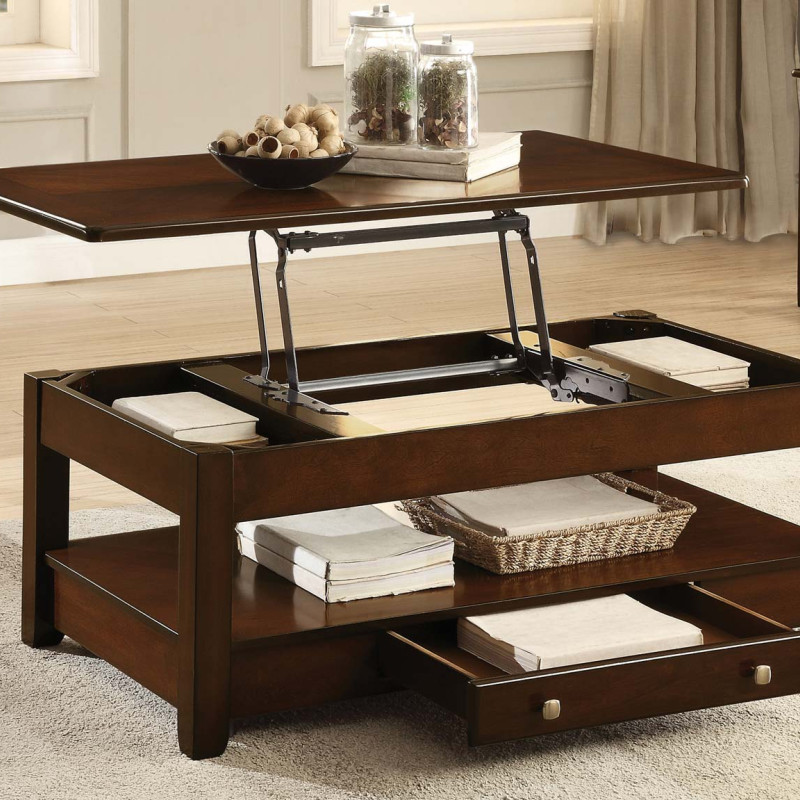 Ballwin Cocktail Table with Lift Top and Functional Drawer on Casters - Deep Cherry