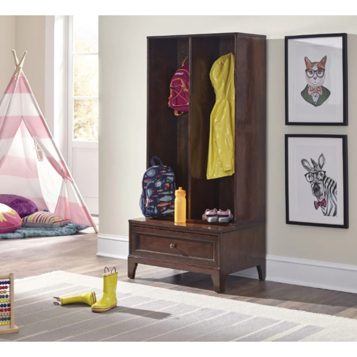 3677-COAT 2 Stack BROWN Pulaski Wooden Coat Rack w/ Base Drawer Storage