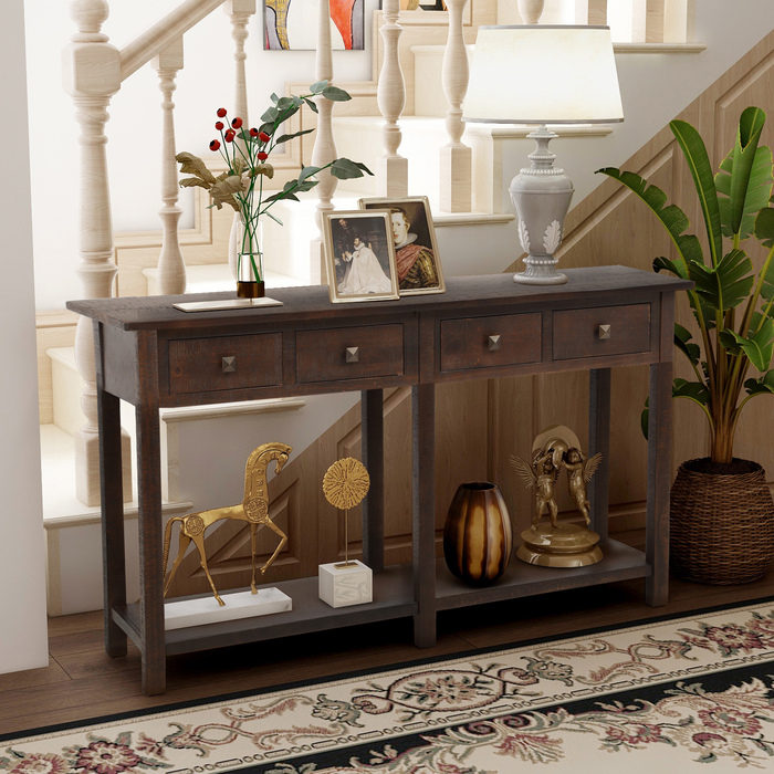 3645 ESPRESSO Rustic Brushed Entryway Table w/ Drawers & Bottom Shelf
