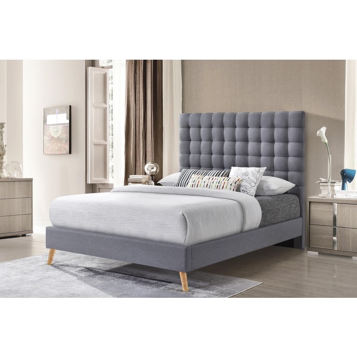 7676-FULL LIGHT GRAY Linen Grid Tufted Platform Bed - FULL