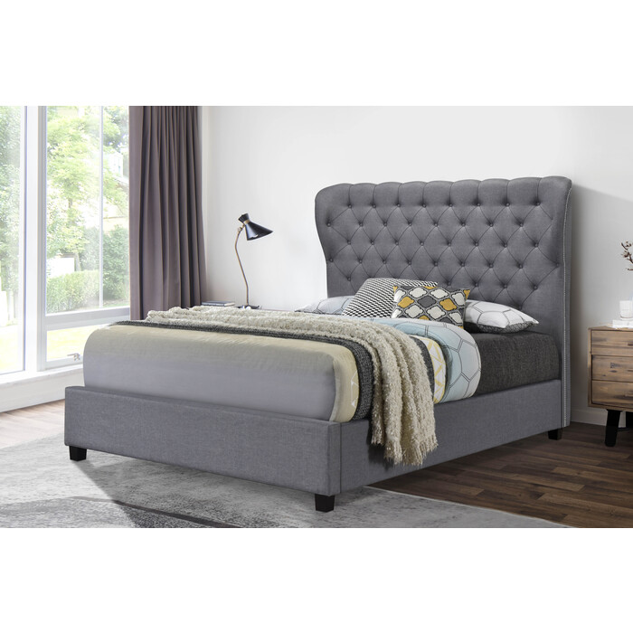 7673-CKING LIGHT GRAY Linen Curved Wing Back Platform Bed - CALIFORNIA KING
