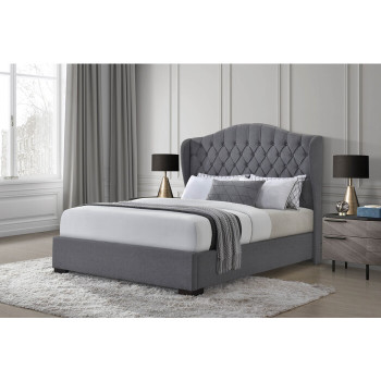 7671-FULL LIGHT GRAY Linen Curved Wing Back Tufted Platform Bed - FULL