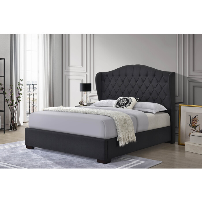 7670-FULL BLACK Linen Curved Wing Back Tufted Platform Bed - FULL