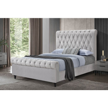 7668-CKING LIGHT GRAY Velvet Rolled Top Tufted Platform Bed - CALIFORNIA KING