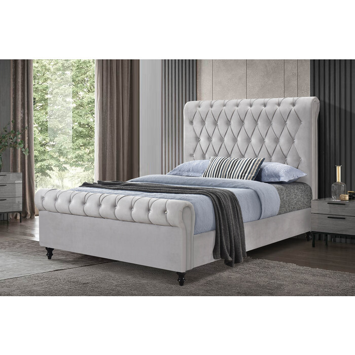 7668-QUEEN LIGHT GRAY Velvet Rolled Top Tufted Platform Bed - QUEEN