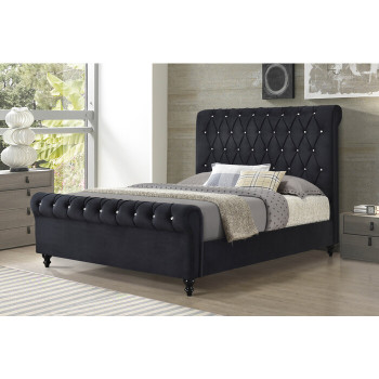 7669-FULL BLACK Velvet Rolled Top Tufted Platform Bed - FULL