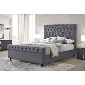 7667-CKING DARK GRAY Velvet Rolled Top Tufted Platform Bed - CALIFORNIA KING