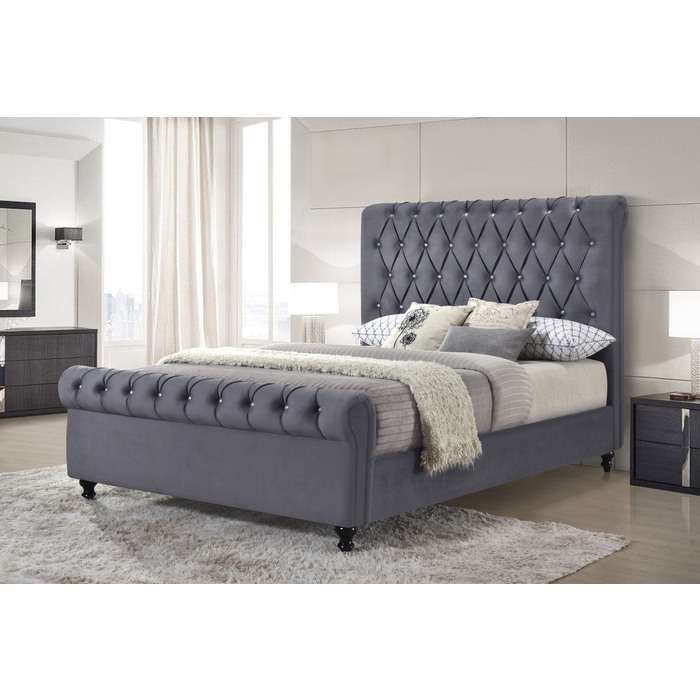 7667-QUEEN DARK GRAY Velvet Rolled Top Tufted Platform Bed - QUEEN