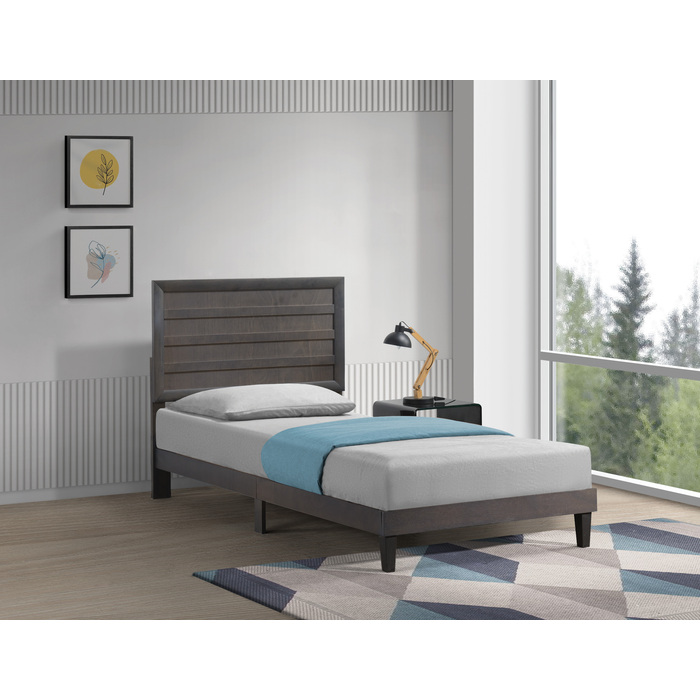 7665-TWIN GRAY Horizontal Slat Accent Wooden Panel Platform Bed - TWIN XL