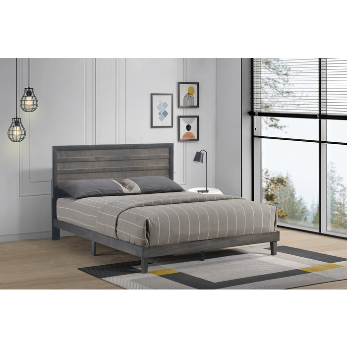7665-QUEEN GRAY Horizontal Slat Accent Wooden Panel Platform Bed - QUEEN