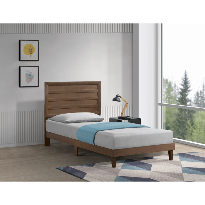 7663-QUEEN BROWN Horizontal Slat Accent Wooden Panel Platform Bed - QUEEN