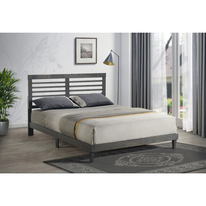 7661-QUEEN GRAY Mid-Century Modern Wooden Platform Bed - QUEEN