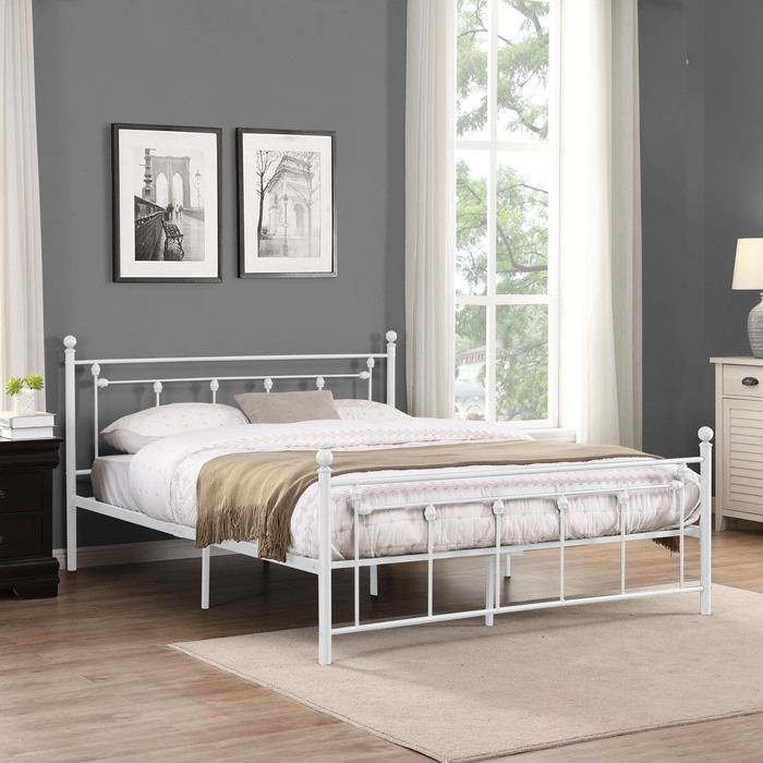 7637-QUEEN WHITE Victorian Metal Platform Bed - QUEEN