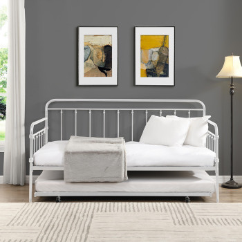 7627 WHITE Farmhouse Classic Metal Day Bed w/ Trundle - TWIN-TWIN