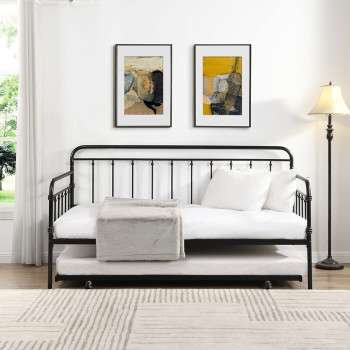7623 BLACK Farmhouse Classic Metal Day Bed w/ Trundle - TWIN-TWIN