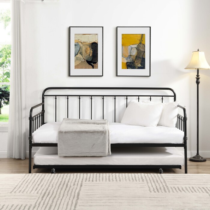 7623 BLACK Farmhouse Classic Metal Day Bed w/ Trundle - TWIN-TWIN