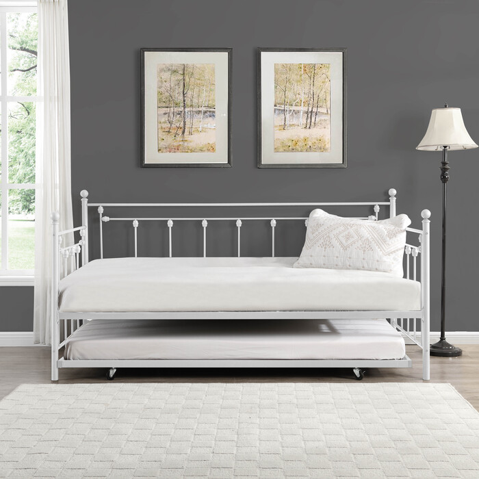 7621 WHITE Victorian Metal Daybed w/ Trundle - TWIN-TWIN