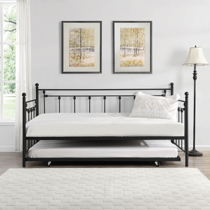 7620 BLACK Victorian Metal Daybed w/ Trundle - TWIN-TWIN