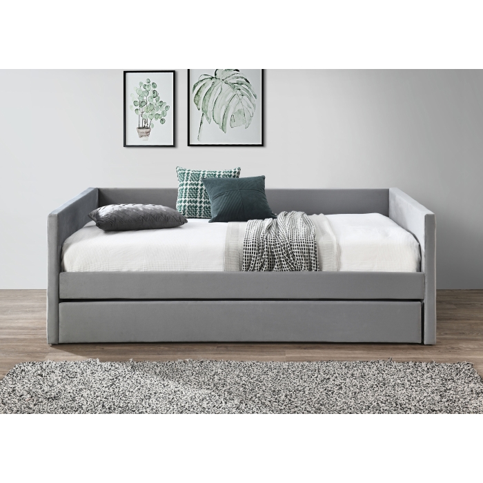 7611 GRAY VELVET Square Arm Daybed w/ Trundle - TWIN-TWIN