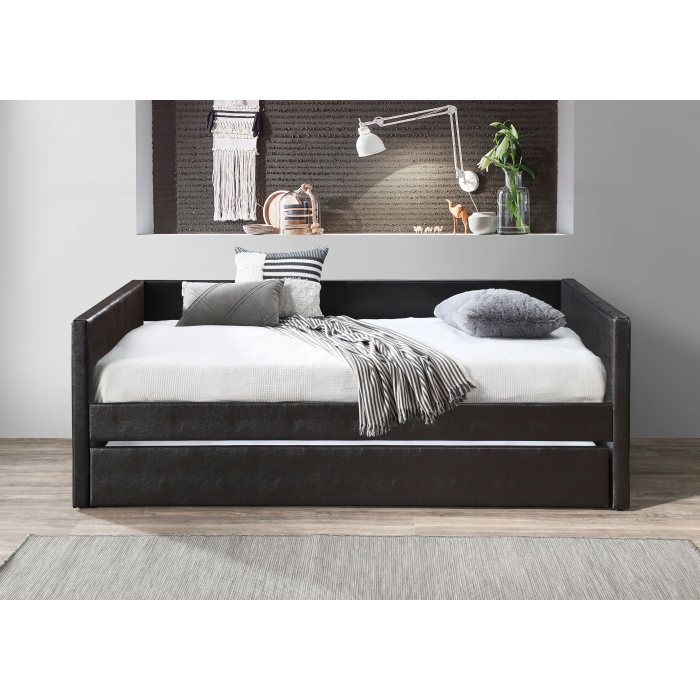 7610 BROWN PU Square Arm Daybed w/ Trundle - TWIN-TWIN