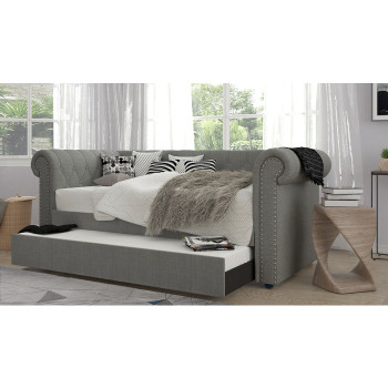 7608 LIGHT GRAY Fabric Rolled Arm Daybed w/ Trundle - TWIN-TWIN