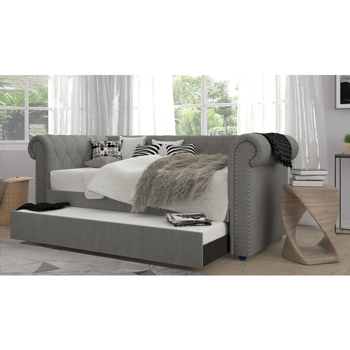 7608 LIGHT GRAY Fabric Rolled Arm Daybed w/ Trundle - TWIN-TWIN