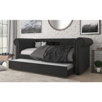 7607 DARK GRAY Fabric Rolled Arm Daybed w/ Trundle - TWIN-TWIN