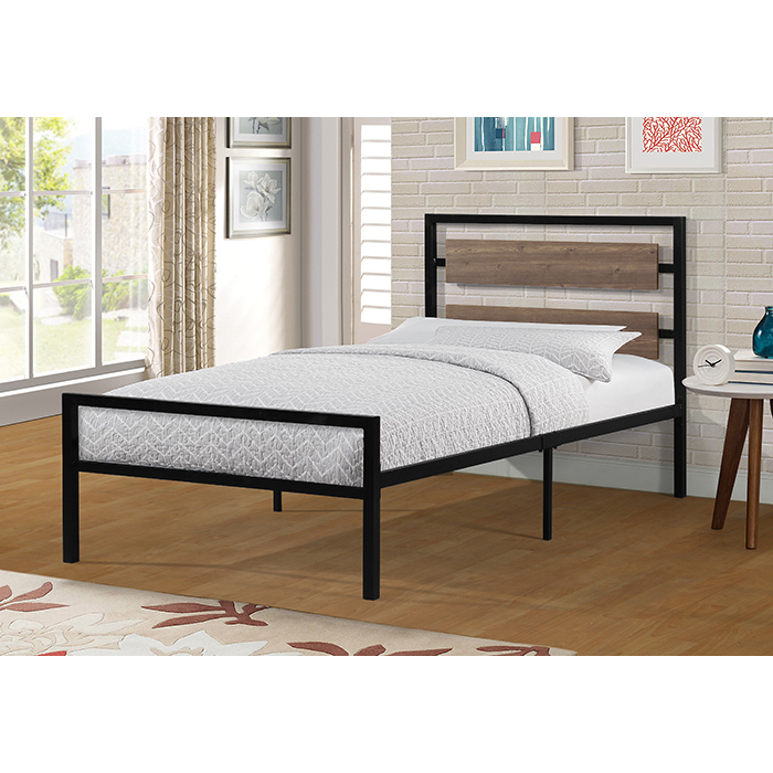 7595-TWIN BLACK FRAME Wooden Headboard Metal Platform Bed - TWIN