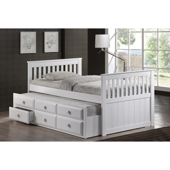 7590-WH WHITE Wooden Platform Bed w/ Trundle - TWIN-TWIN