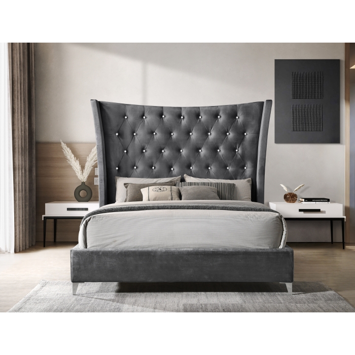 7587-QUEEN DARK GRAY Fabric Wing Back Tufted Headboard Platform Bed - QUEEN