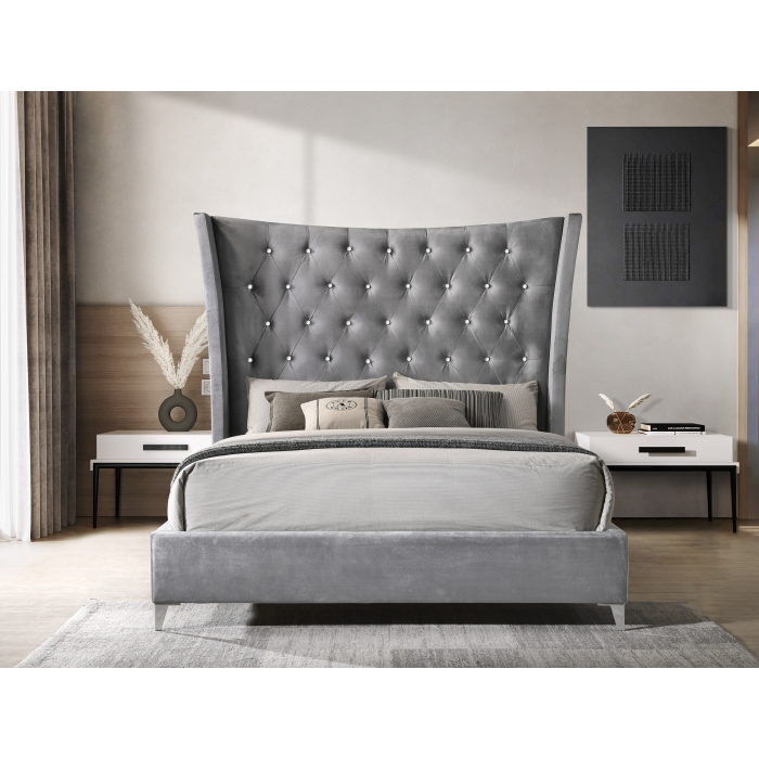 7586-QUEEN LIGHT GRAY Fabric Wing Back Tufted Headboard Platform Bed - QUEEN