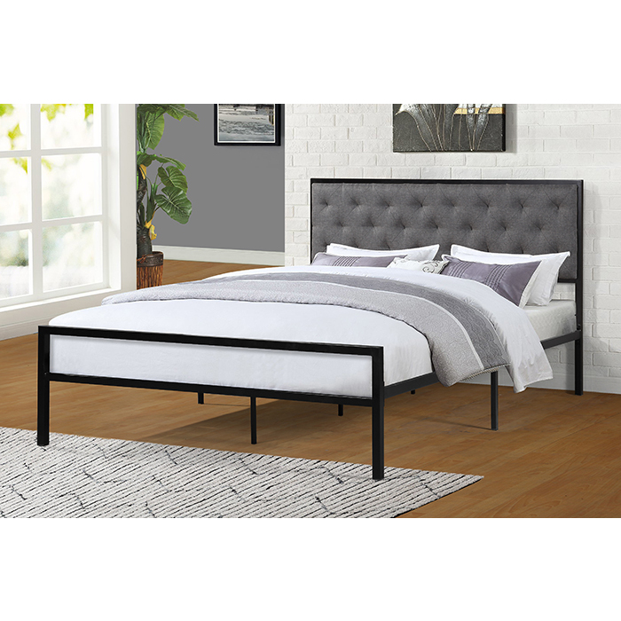 7577-FULL-GR GRAY Linen Headboard Metal Platform Bed - FULL