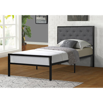 7577-TWIN-GR GRAY Linen Headboard Metal Platform Bed - TWIN