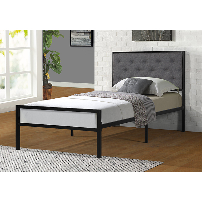 7577-TWIN-GR GRAY Linen Headboard Metal Platform Bed - TWIN