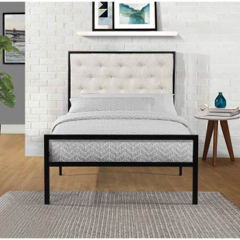 7577-TWIN-BG BEIGE Linen Headboard Metal Platform Bed - TWIN