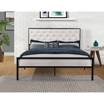 7577-FULL-BG BEIGE Linen Headboard Metal Platform Bed - FULL