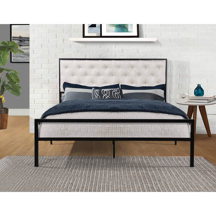 7577-QUEEN-BG BEIGE Linen Headboard Metal Platform Bed - QUEEN