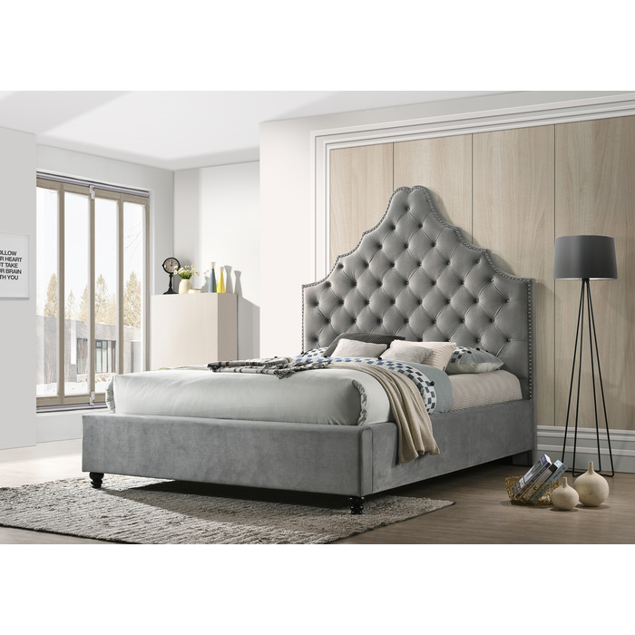 7576-QUEEN GRAY Velvet Tufted Platform Bed - QUEEN