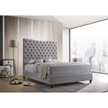 7556-CKING GRAY Fabric Tufted Headboard Platform Bed - CALIFORNIA KING