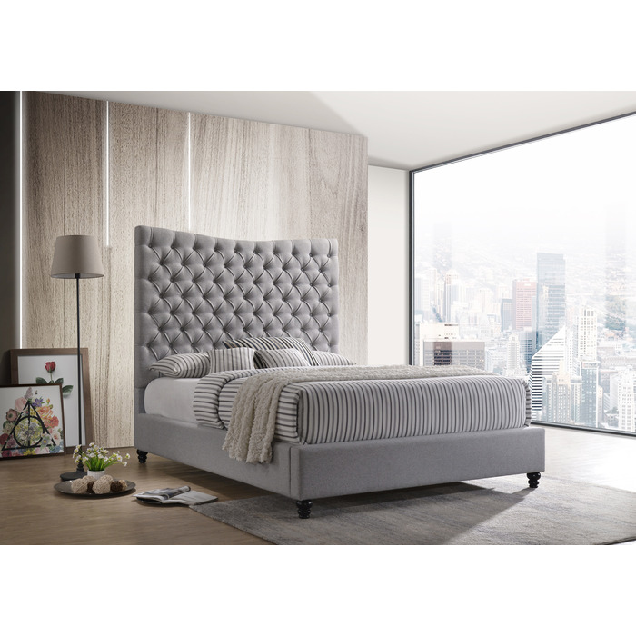 7556-QUEEN GRAY Fabric Tufted Headboard Platform Bed - QUEEN