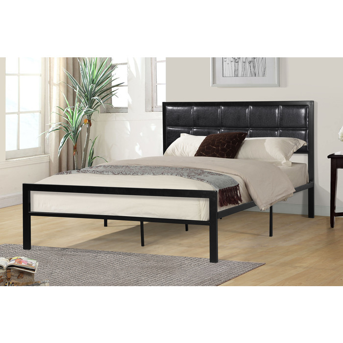 7555-QUEEN BLACK PU Headboard Metal Platform Bed - QUEEN