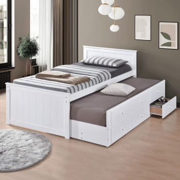 7550 WHITE Wooden Platform Bed w/ Trundle - TWIN-TWIN