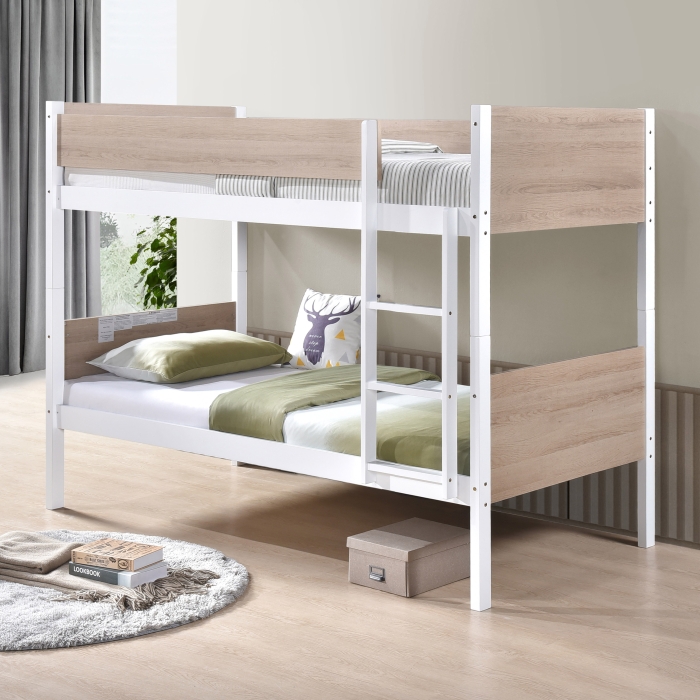 7546 WHITE & NATURAL Stackable Post Wood Bunk Bed - TWIN-TWIN
