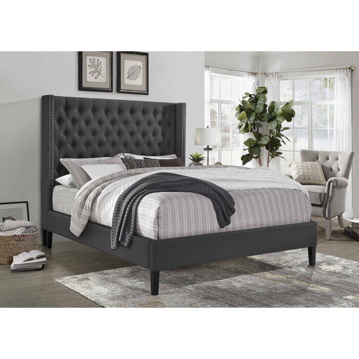 7536-CKING DARK GRAY Wing Back Fabric Platform Bed - CALIFORNIA KING