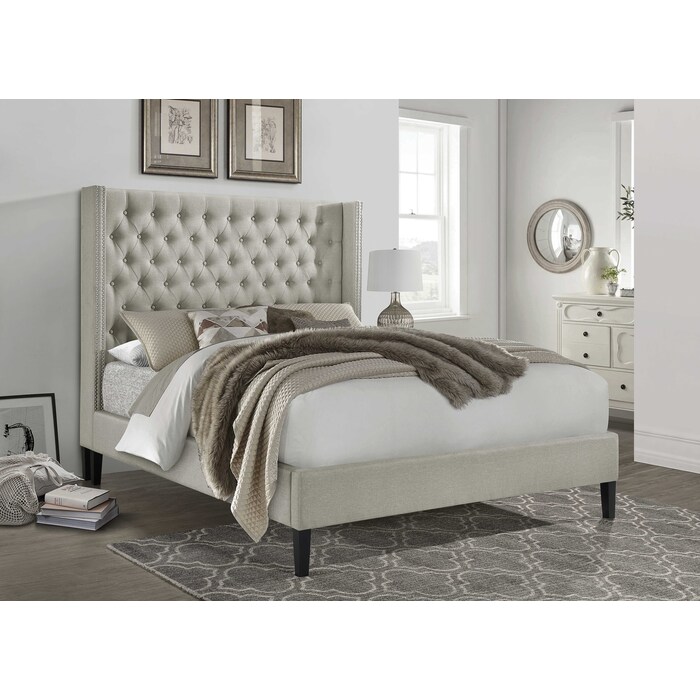 7534-QUEEN BEIGE Wing Back Fabric Platform Bed - QUEEN