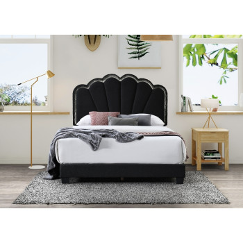 7527-CKING BLACK Fabric Shell Arch Headboard Platform Bed - CALIFORNIA KING