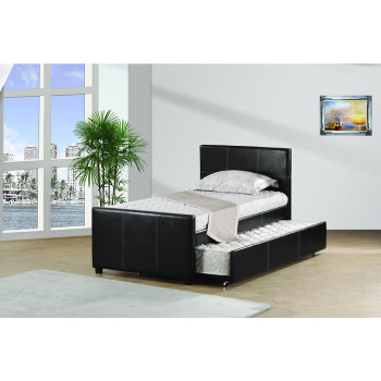 7526-TWIN BLACK PU Platform Bed w/ Trundle - TWIN-TWIN
