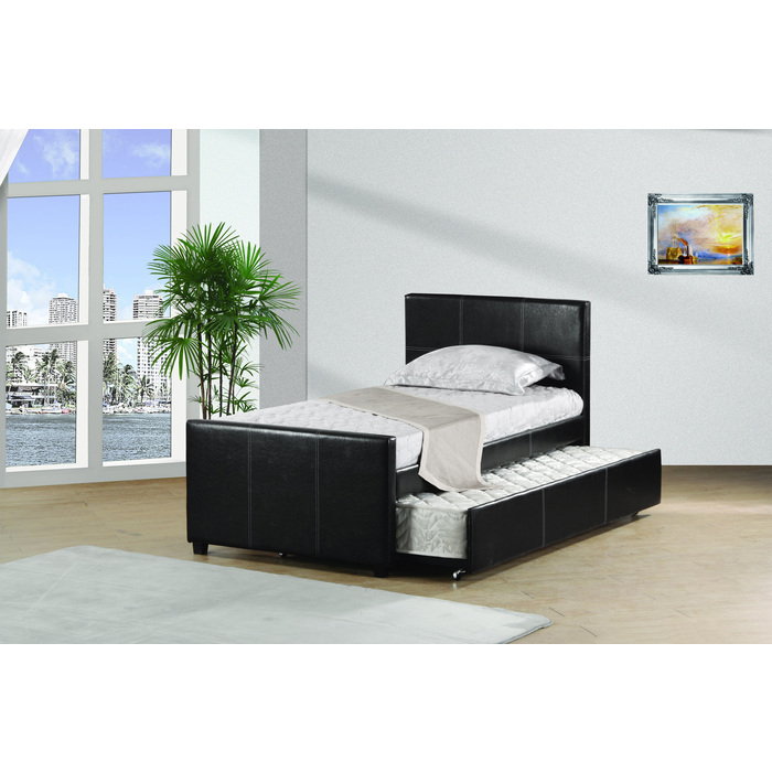 7526-TWIN BLACK PU Platform Bed w/ Trundle - TWIN-TWIN