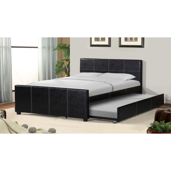 7526-FULL BLACK PU Platform Bed w/ Trundle - FULL-TWIN